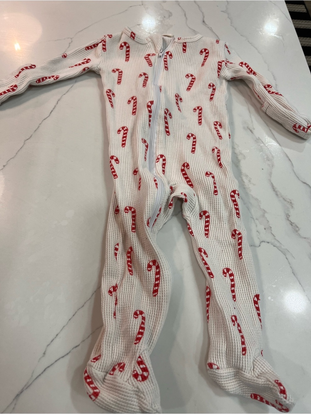 Children's White Waffle Footed Pajama Set with Red Candy Cane Print